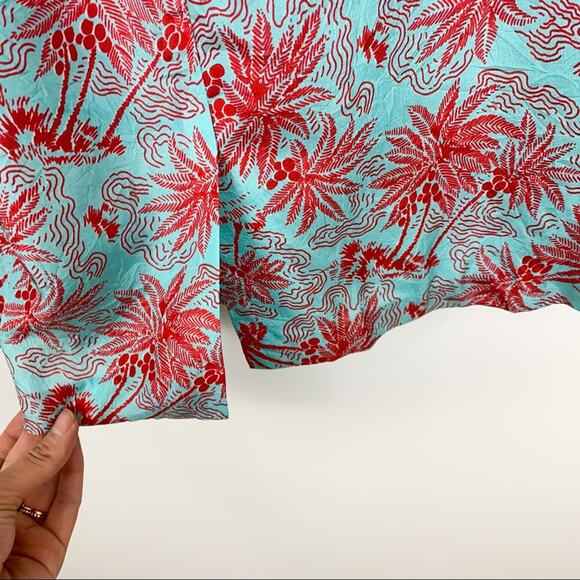 Nanette Lepore Teal & Red 100% Silk Peplum Waist Palm Print Dress Size 4 - Picture 7 of 13